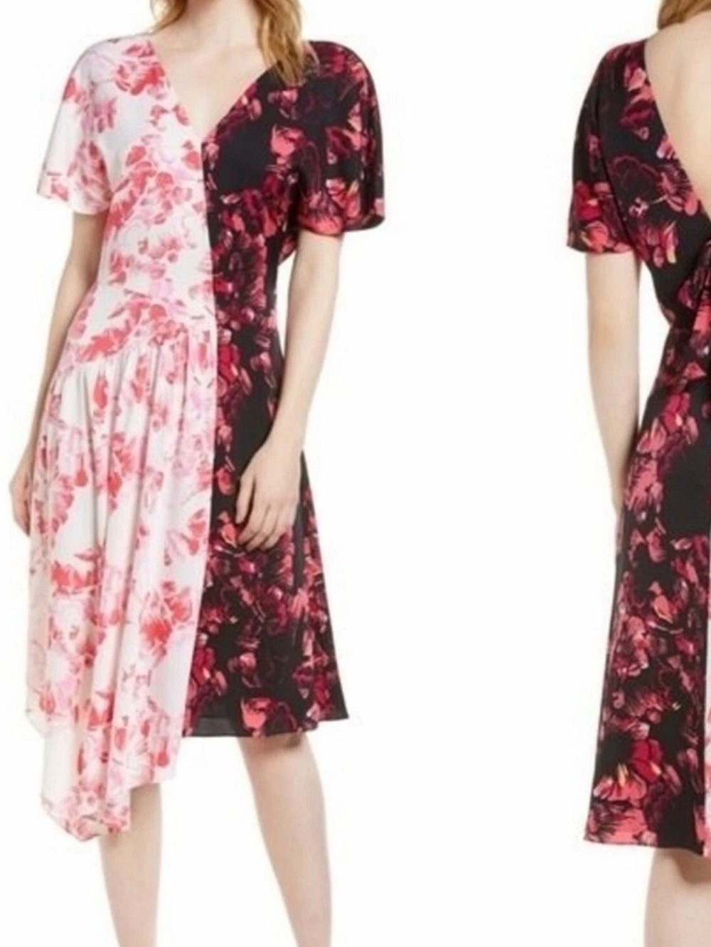 Lewit Two-Tone Floral Asymmetrical Midi Dress
